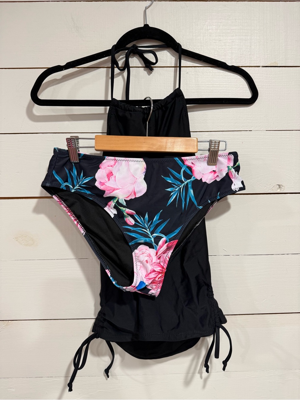 Black Floral Two-Piece Swimsuit Set - Pink Rose Print